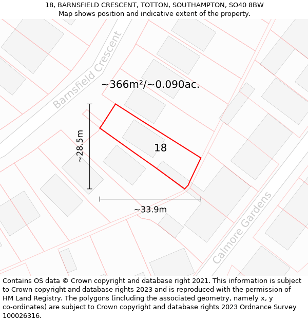 18, BARNSFIELD CRESCENT, TOTTON, SOUTHAMPTON, SO40 8BW: Plot and title map