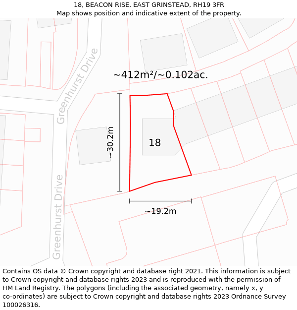 18, BEACON RISE, EAST GRINSTEAD, RH19 3FR: Plot and title map