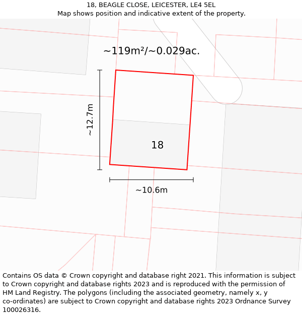 18, BEAGLE CLOSE, LEICESTER, LE4 5EL: Plot and title map