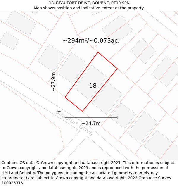 18, BEAUFORT DRIVE, BOURNE, PE10 9PN: Plot and title map