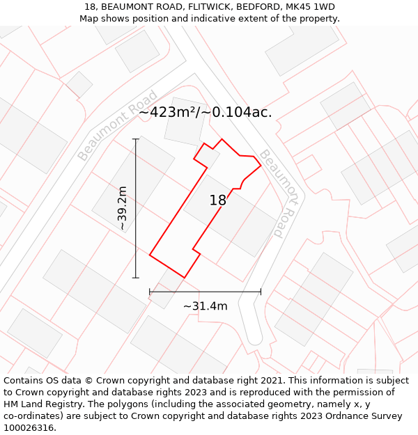 18, BEAUMONT ROAD, FLITWICK, BEDFORD, MK45 1WD: Plot and title map