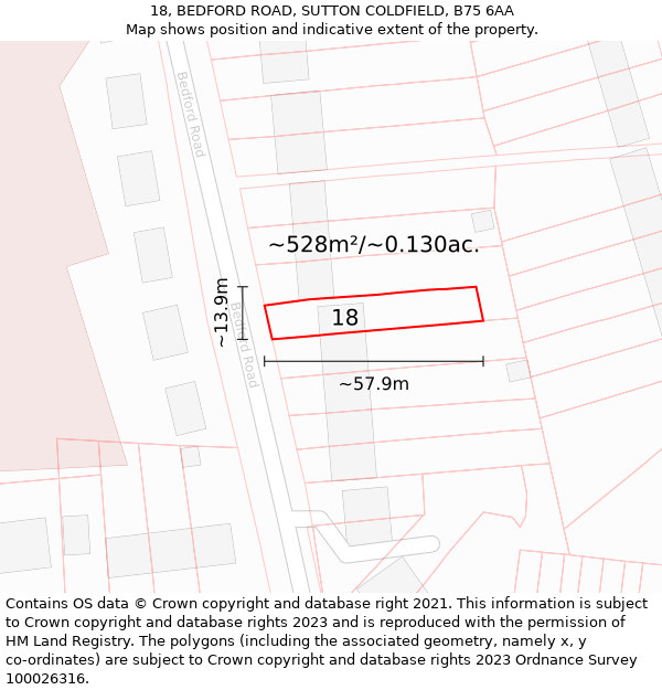 18, BEDFORD ROAD, SUTTON COLDFIELD, B75 6AA: Plot and title map