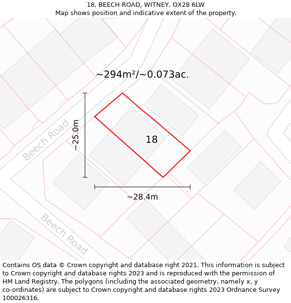18, BEECH ROAD, WITNEY, OX28 6LW: Plot and title map