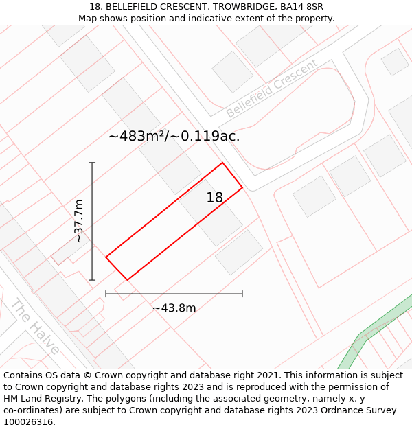 18, BELLEFIELD CRESCENT, TROWBRIDGE, BA14 8SR: Plot and title map