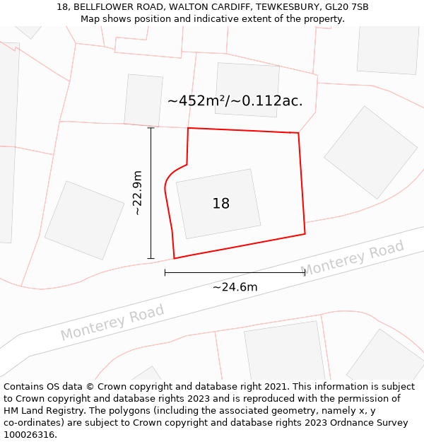 18, BELLFLOWER ROAD, WALTON CARDIFF, TEWKESBURY, GL20 7SB: Plot and title map