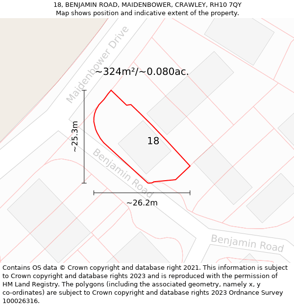 18, BENJAMIN ROAD, MAIDENBOWER, CRAWLEY, RH10 7QY: Plot and title map