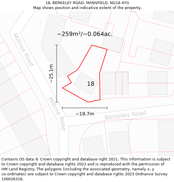 18, BERKELEY ROAD, MANSFIELD, NG18 4YG: Plot and title map