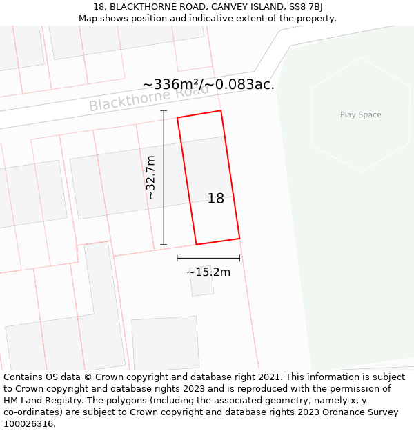 18, BLACKTHORNE ROAD, CANVEY ISLAND, SS8 7BJ: Plot and title map