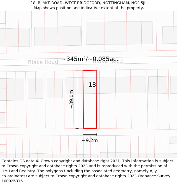 18, BLAKE ROAD, WEST BRIDGFORD, NOTTINGHAM, NG2 5JL: Plot and title map