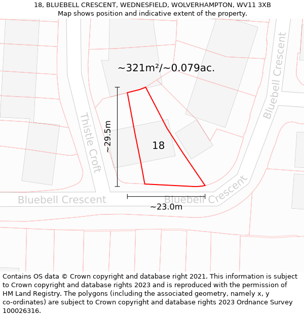 18, BLUEBELL CRESCENT, WEDNESFIELD, WOLVERHAMPTON, WV11 3XB: Plot and title map