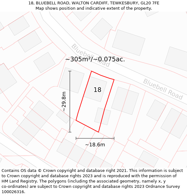 18, BLUEBELL ROAD, WALTON CARDIFF, TEWKESBURY, GL20 7FE: Plot and title map