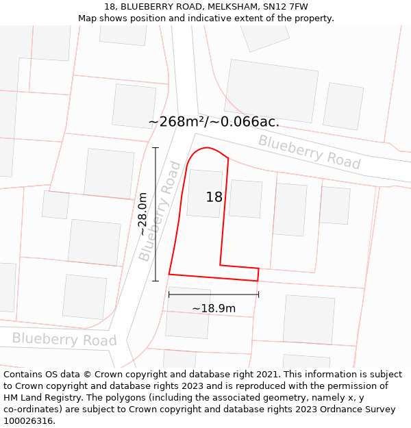 18, BLUEBERRY ROAD, MELKSHAM, SN12 7FW: Plot and title map