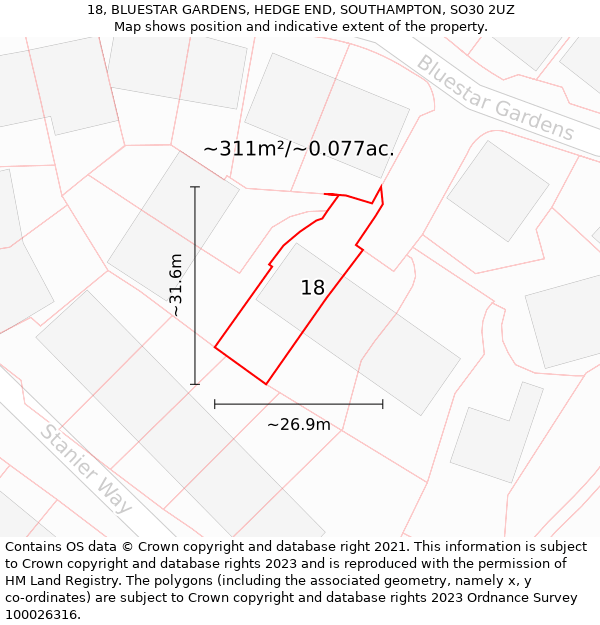 18, BLUESTAR GARDENS, HEDGE END, SOUTHAMPTON, SO30 2UZ: Plot and title map