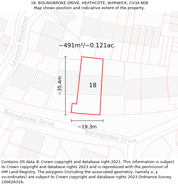 18, BOLINGBROKE DRIVE, HEATHCOTE, WARWICK, CV34 6EB: Plot and title map