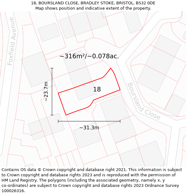 18, BOURSLAND CLOSE, BRADLEY STOKE, BRISTOL, BS32 0DE: Plot and title map