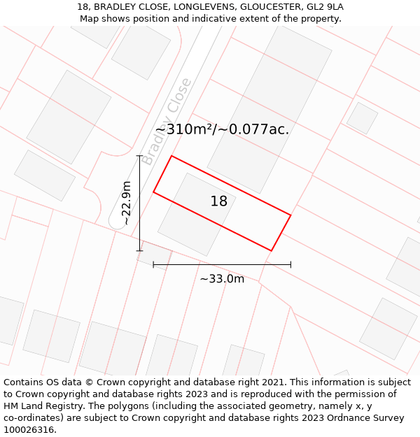 18, BRADLEY CLOSE, LONGLEVENS, GLOUCESTER, GL2 9LA: Plot and title map