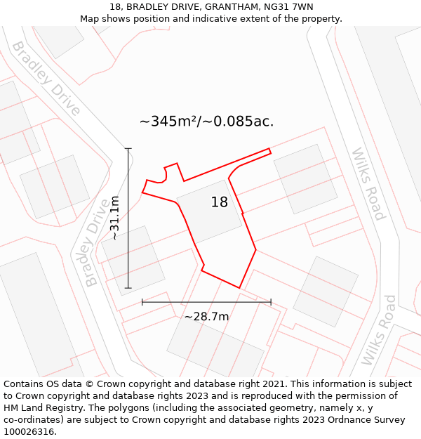 18, BRADLEY DRIVE, GRANTHAM, NG31 7WN: Plot and title map