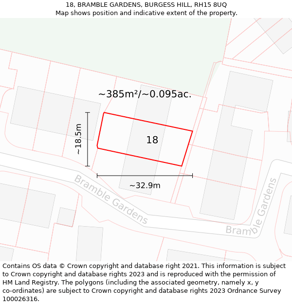 18, BRAMBLE GARDENS, BURGESS HILL, RH15 8UQ: Plot and title map