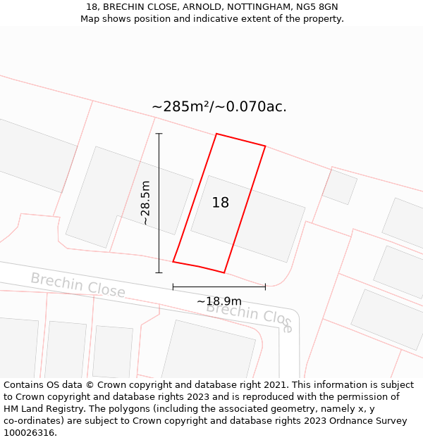 18, BRECHIN CLOSE, ARNOLD, NOTTINGHAM, NG5 8GN: Plot and title map