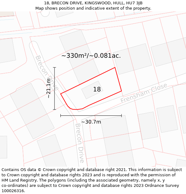 18, BRECON DRIVE, KINGSWOOD, HULL, HU7 3JB: Plot and title map