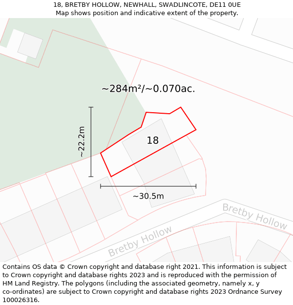 18, BRETBY HOLLOW, NEWHALL, SWADLINCOTE, DE11 0UE: Plot and title map
