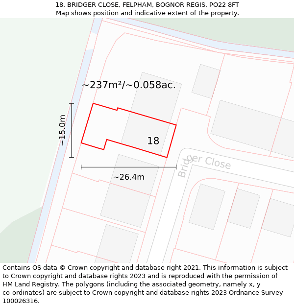 18, BRIDGER CLOSE, FELPHAM, BOGNOR REGIS, PO22 8FT: Plot and title map