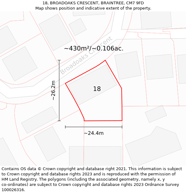 18, BROADOAKS CRESCENT, BRAINTREE, CM7 9FD: Plot and title map