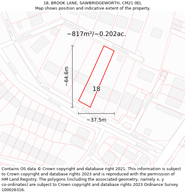 18, BROOK LANE, SAWBRIDGEWORTH, CM21 0EL: Plot and title map