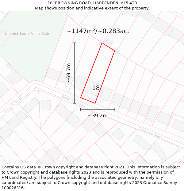 18, BROWNING ROAD, HARPENDEN, AL5 4TR: Plot and title map