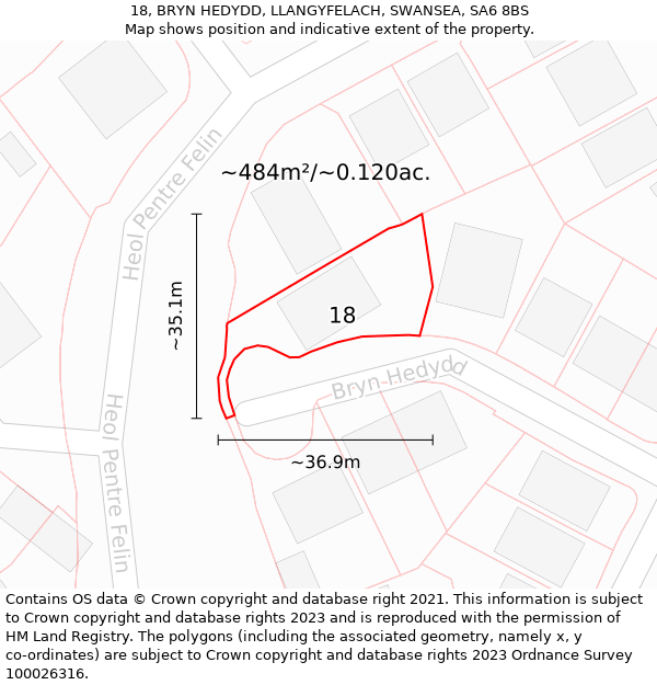 18, BRYN HEDYDD, LLANGYFELACH, SWANSEA, SA6 8BS: Plot and title map