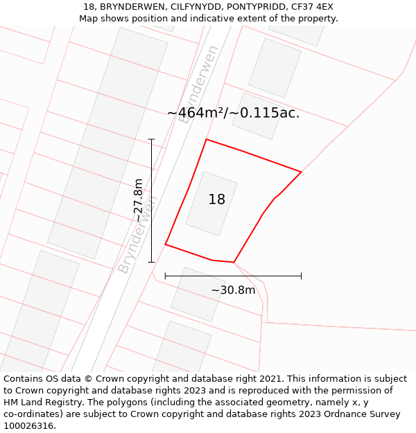 18, BRYNDERWEN, CILFYNYDD, PONTYPRIDD, CF37 4EX: Plot and title map