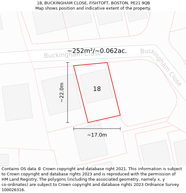 18, BUCKINGHAM CLOSE, FISHTOFT, BOSTON, PE21 9QB: Plot and title map