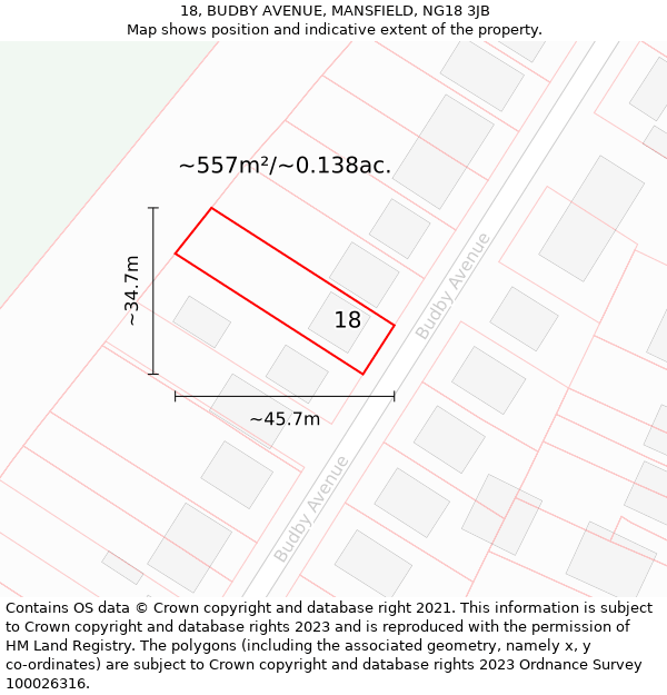 18, BUDBY AVENUE, MANSFIELD, NG18 3JB: Plot and title map