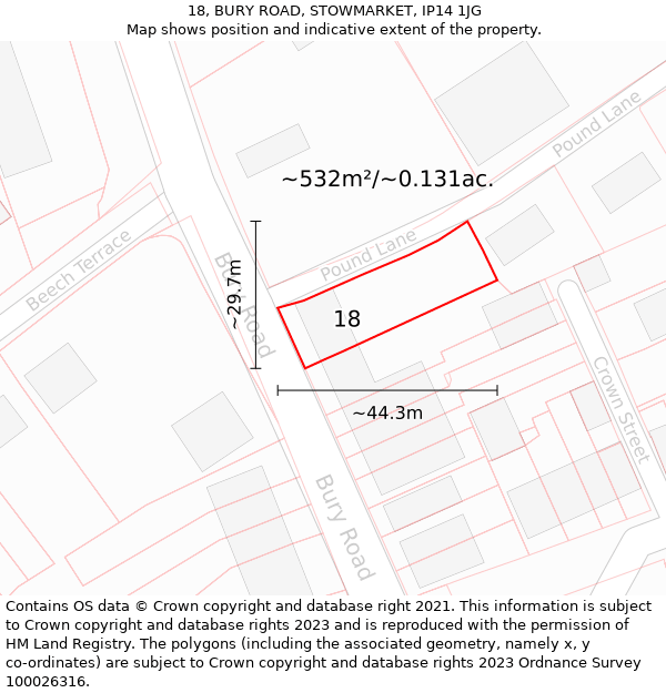 18, BURY ROAD, STOWMARKET, IP14 1JG: Plot and title map