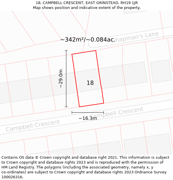 18, CAMPBELL CRESCENT, EAST GRINSTEAD, RH19 1JR: Plot and title map