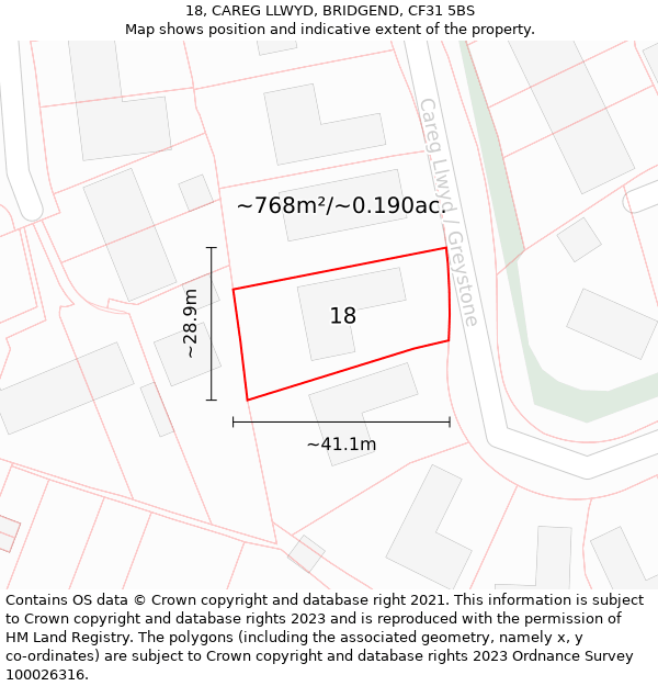 18, CAREG LLWYD, BRIDGEND, CF31 5BS: Plot and title map