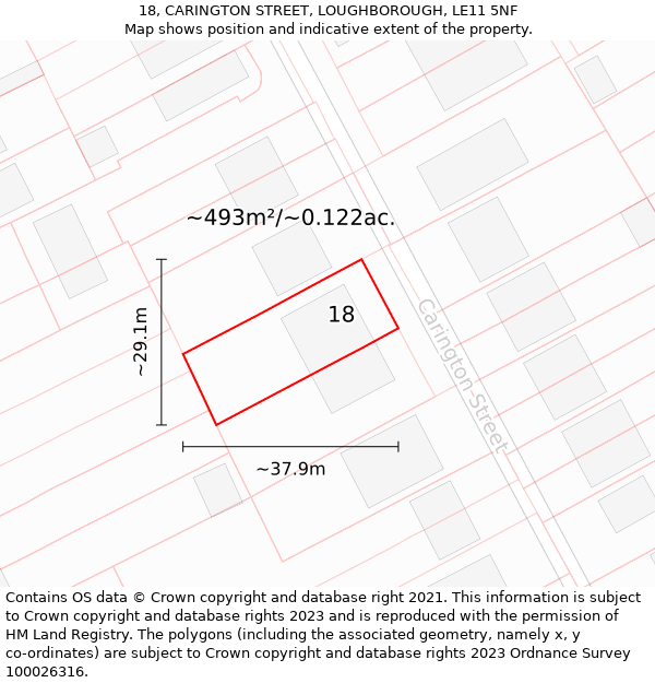 18, CARINGTON STREET, LOUGHBOROUGH, LE11 5NF: Plot and title map