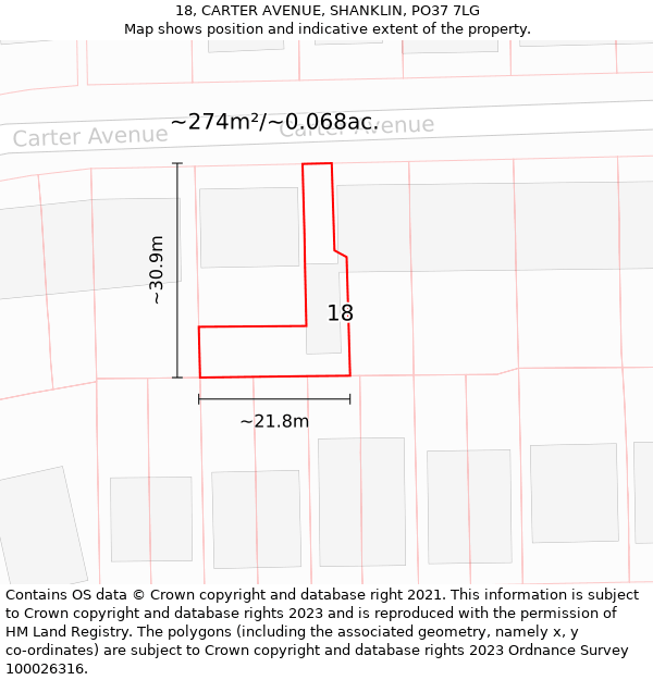 18, CARTER AVENUE, SHANKLIN, PO37 7LG: Plot and title map