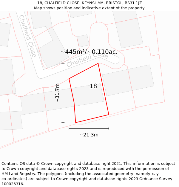 18, CHALFIELD CLOSE, KEYNSHAM, BRISTOL, BS31 1JZ: Plot and title map