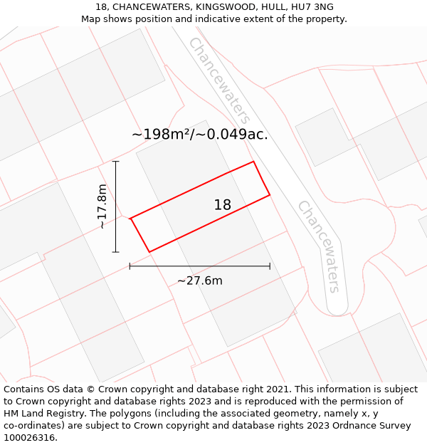 18, CHANCEWATERS, KINGSWOOD, HULL, HU7 3NG: Plot and title map