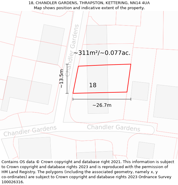 18, CHANDLER GARDENS, THRAPSTON, KETTERING, NN14 4UA: Plot and title map