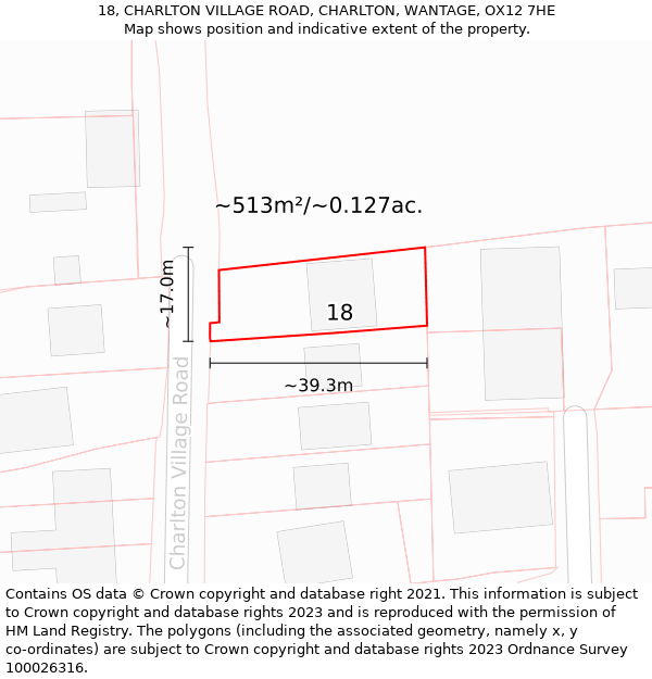 18, CHARLTON VILLAGE ROAD, CHARLTON, WANTAGE, OX12 7HE: Plot and title map