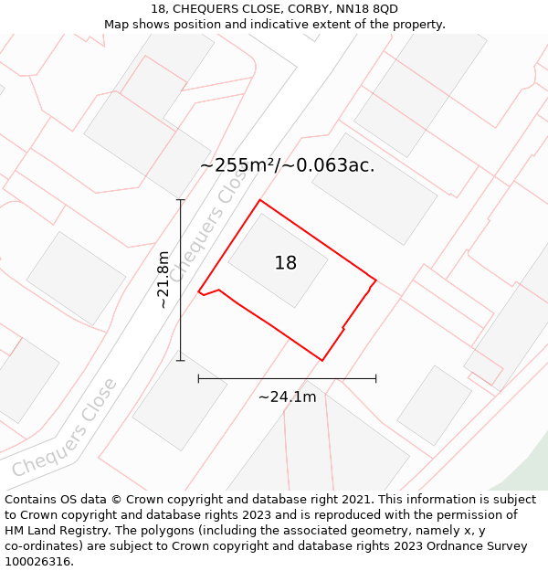 18, CHEQUERS CLOSE, CORBY, NN18 8QD: Plot and title map