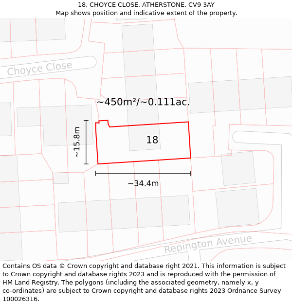 18, CHOYCE CLOSE, ATHERSTONE, CV9 3AY: Plot and title map