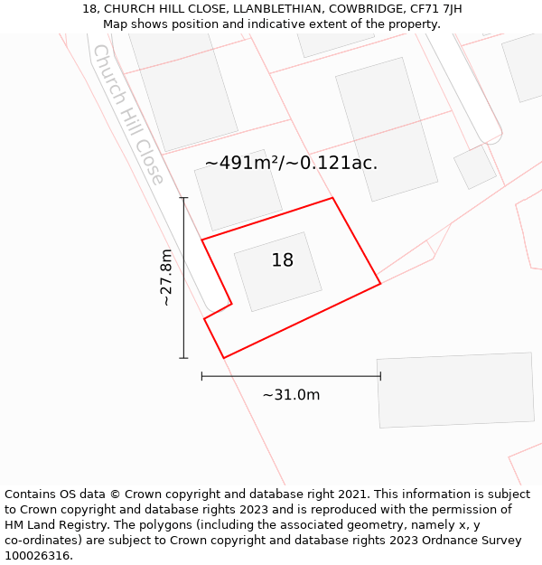 18, CHURCH HILL CLOSE, LLANBLETHIAN, COWBRIDGE, CF71 7JH: Plot and title map
