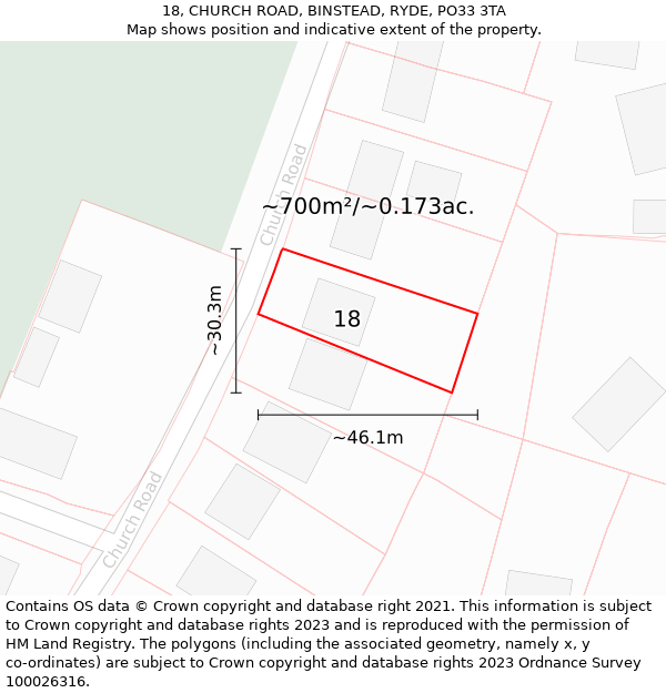 18, CHURCH ROAD, BINSTEAD, RYDE, PO33 3TA: Plot and title map