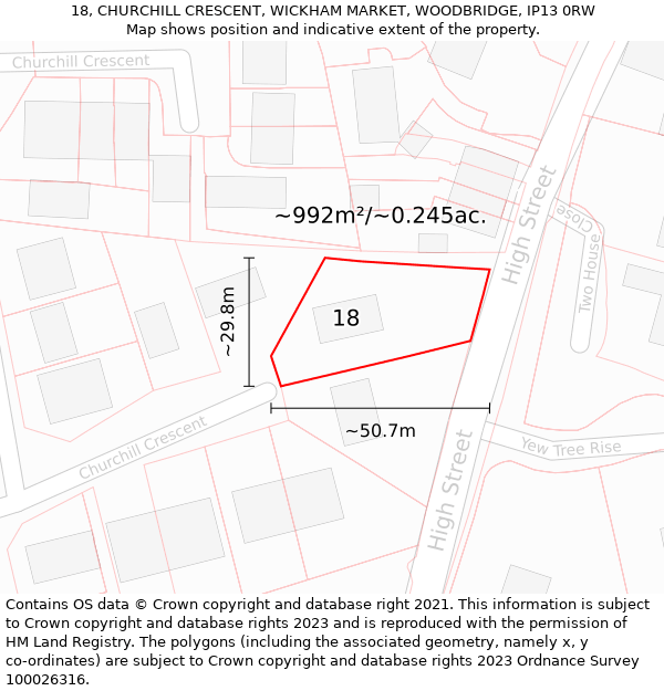 18, CHURCHILL CRESCENT, WICKHAM MARKET, WOODBRIDGE, IP13 0RW: Plot and title map