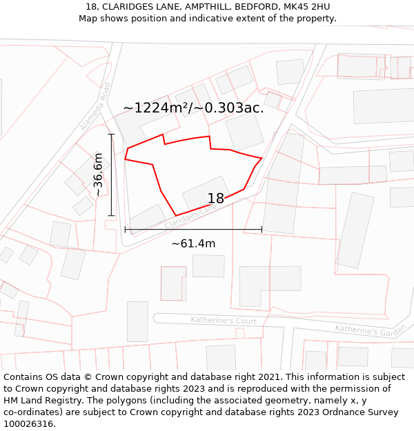 18, CLARIDGES LANE, AMPTHILL, BEDFORD, MK45 2HU: Plot and title map