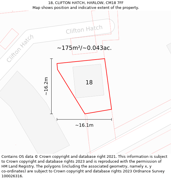 18, CLIFTON HATCH, HARLOW, CM18 7FF: Plot and title map