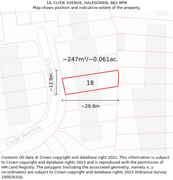 18, CLYDE AVENUE, HALESOWEN, B62 9PW: Plot and title map